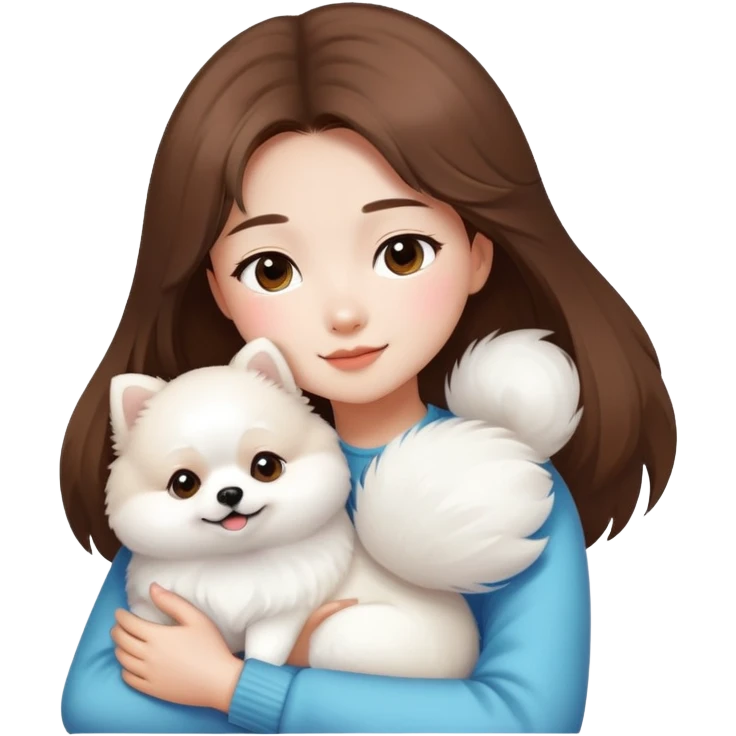 Brown hair Chinese girl hugging a white pomeranian emoji
