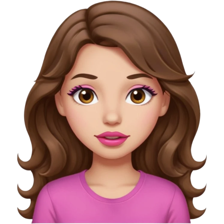 girl with long wavy brown hair, brown eyes, light to medium complexion, in a pink shirt, pink lips, long lashes, puckering lips, winking emoji