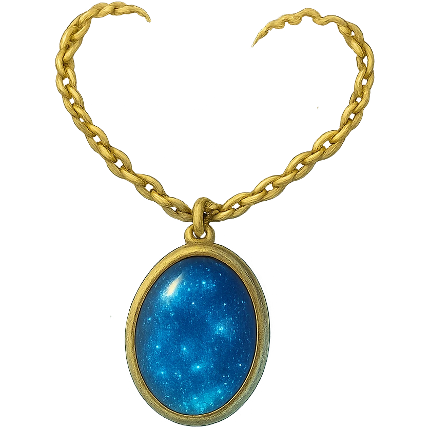 gold chain floating in midair with a deep blue starry stone, glowing faintly, shimmering like liquid gold, mystical aura emoji