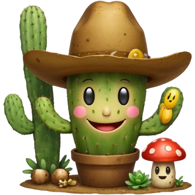Make a cactus that has this smily face “😁” and a cowboy hat and holding shrooms emoji