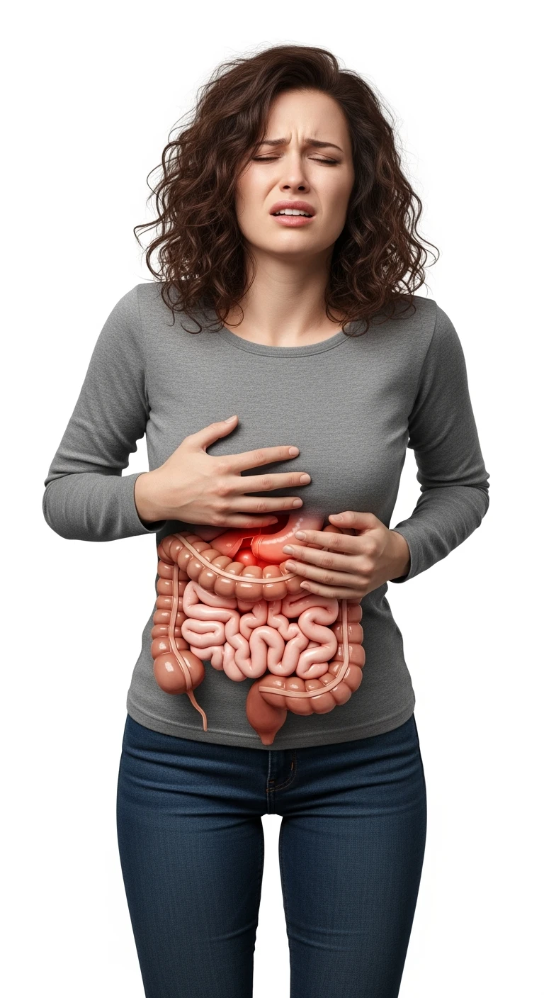 donna a figura intera con intestino umano realistico in 3d in evidenza dolorante, espressione di dolore in volto, sfondo bianco, non farla computerizzata, ma iperrealistica 4k, sfondo bianco emoji
