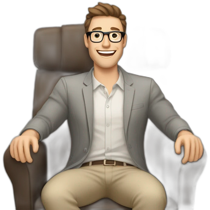 Joyful Celebrating victory Hands up Pale skinned Fit Man With dark brown hair in gray jacket, beige office shirt, Brown pants and vintage glasses sitting In a soft chair emoji