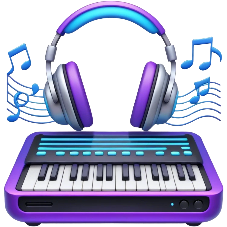 Create a sleek and modern emoji that represents sound design. The design should feature sound waves, a sound mixing console, and a pair of studio headphones to symbolize the process of creating and shaping sound. Add musical notes flowing like waves to represent the integration of music and sound design. Include elements like a synthesizer or audio effects buttons to highlight the creative tools used in sound design. Use futuristic colors like neon blue, purple, and silver to convey the cutting-edge, experimental nature of sound creation. The background should be transparent. emoji