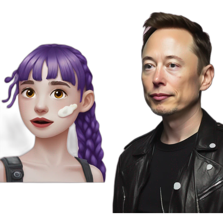 Grimes with drops of milk on face, elon musk smirking, duo emoji