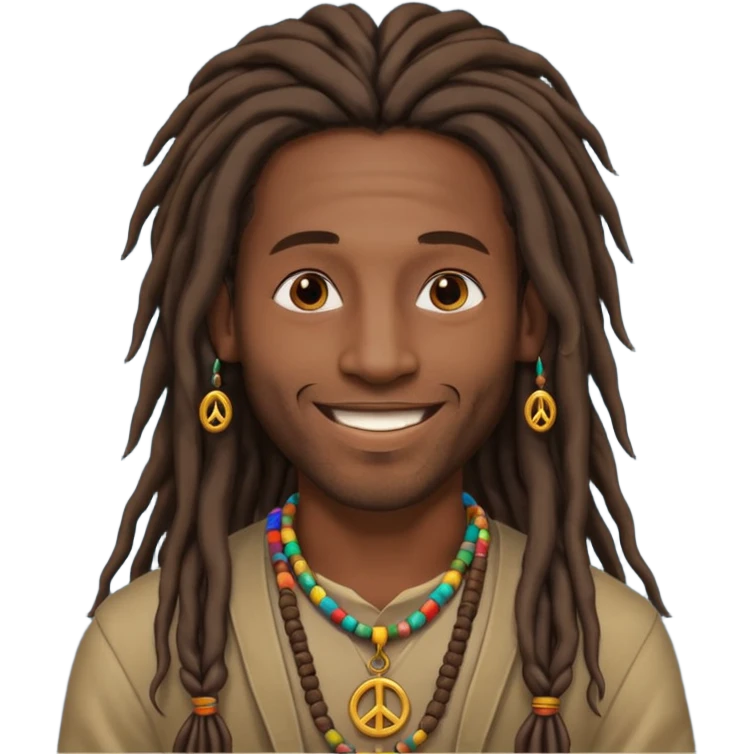 Man with long dreadlocks and peace necklace.

























 emoji