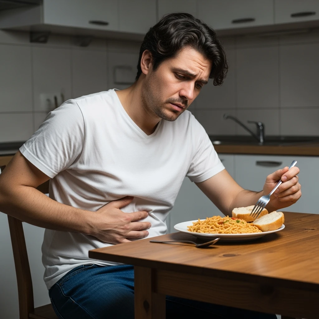 A man in his mid-30s sitting at a kitchen table with a plate of pasta and bread in front of him, looking uncomfortable and conflicted. His facial expression shows bloating, fatigue, and mild abdominal pain. One hand is on his stomach, the other hesitating to eat. emoji