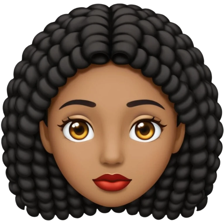 Haz un emoji de una chica de cabello largo rizado tipo 3c 3b de pelo negro su tono de piel no es ni blanca ni morena tiene un lunar en la nariz y tiene pecas en la mejilla su nariz es media redonda y sus labios medios carnosos y tiene ojos marrones oscuros y cejas media larga  emoji