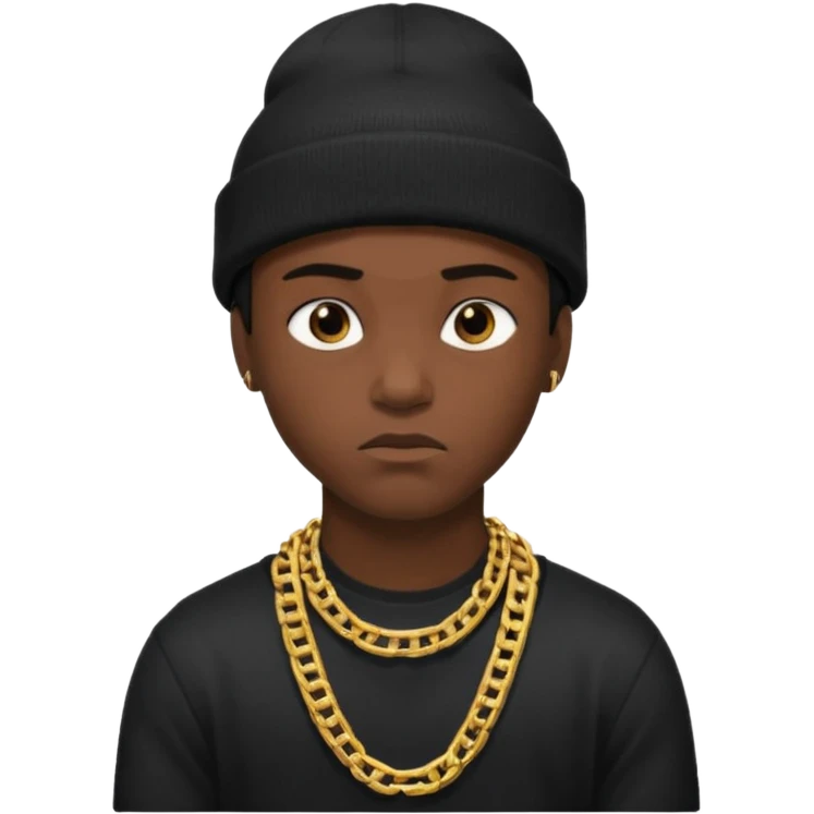 Create an Apple style emoji of a young man wearing a black beanie and a thick chain, with a serious expression. No text. emoji