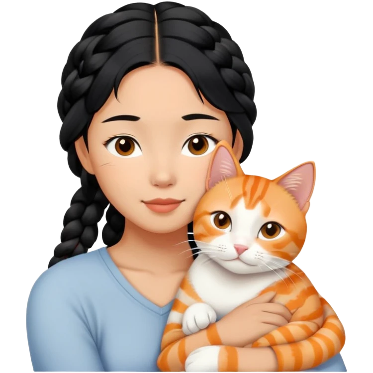 Young Asian woman with braided black hair cuddling a white and orange tabby cat, gentle embrace, affectionate pose emoji