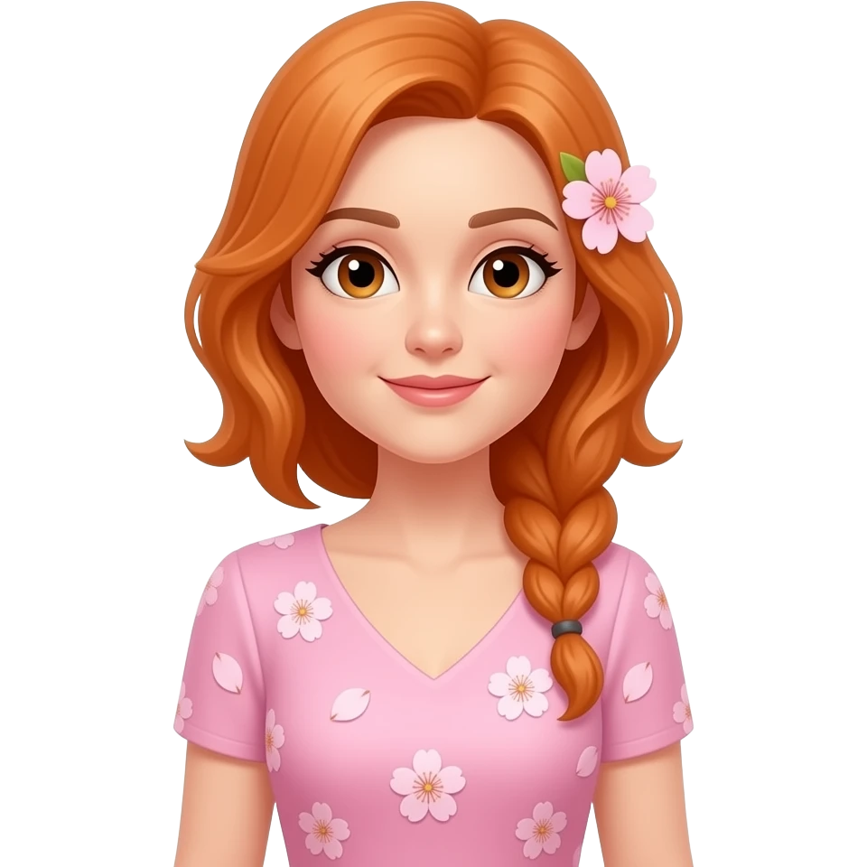 una señora de 38 años con un bestido de color rosado claro y que tenga sakuras en su bestido y una en su oreja5 y que tenga pelo amaranjado y que mire sin una sonrisa y que tenga ojos del tiempo y que se vea toooooodoo su cuerpo asta los pies emoji