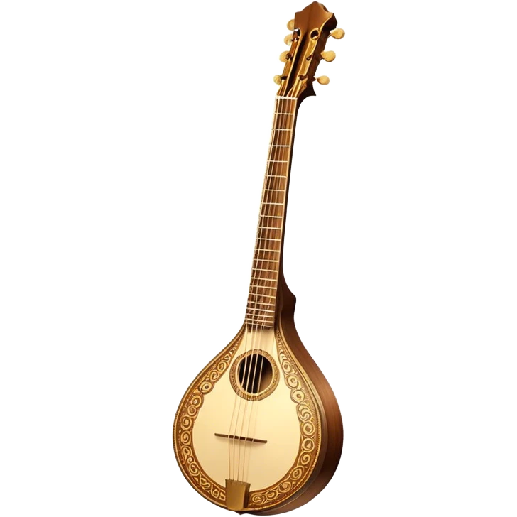 Bouzouki – Cinematic Realistic Bouzouki, depicted as a beautifully crafted Greek string instrument with a long neck and ornate fretwork, its polished wooden body reflecting warm golden light, set on a rustic background with soft shadows that evoke traditional Mediterranean music. emoji