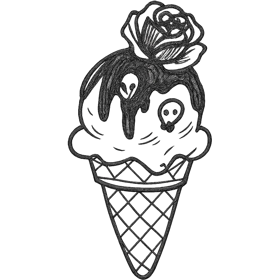 Gothic ice cream with black chocolate drizzle, tiny skull sprinkles, and a dark rose on top in a hand drawn style. emoji