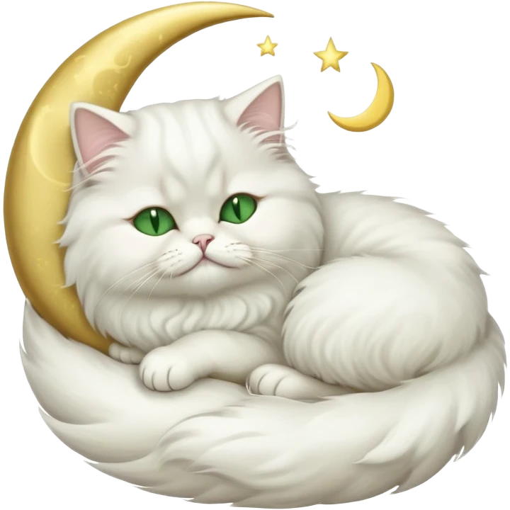 White Persian cat with green eyes sleeping on crescent moon  emoji