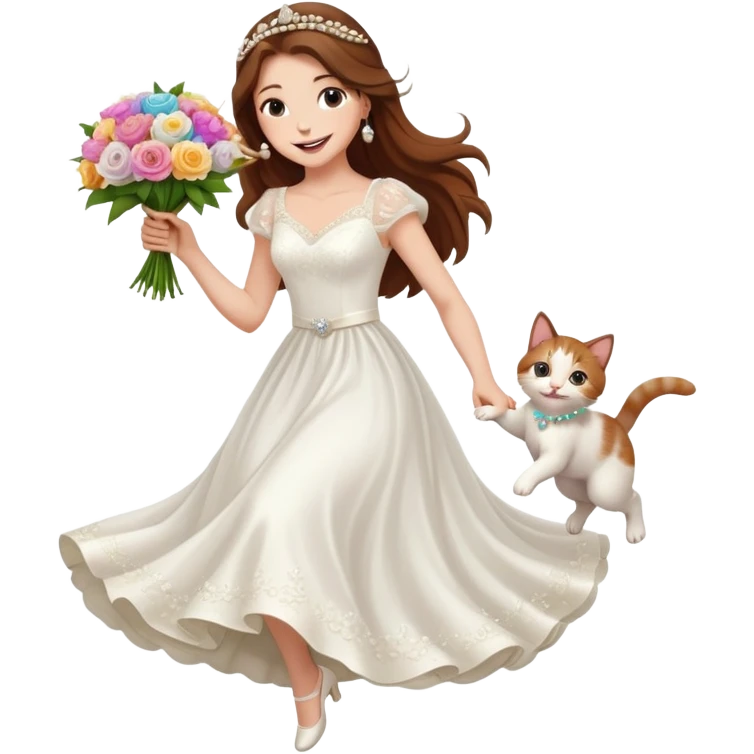 White woman - long hair - white wedding dress - holding a kitten - happy - jumping - fashionable - elegant - bouquet - dreamy - colorful - pearl accessories emoji
