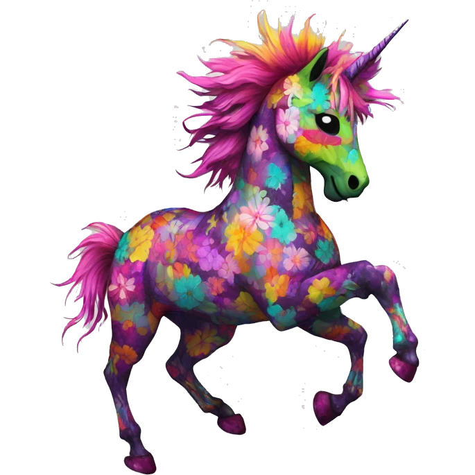 Trippy patchwork Zombie Pegasus unicorn psychedelic flowers floral groovy art neon rave raving emoji