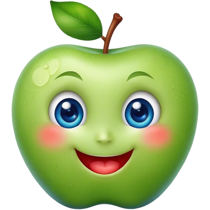 A cute green apple with a big smile and blue expressive big eyes emoji