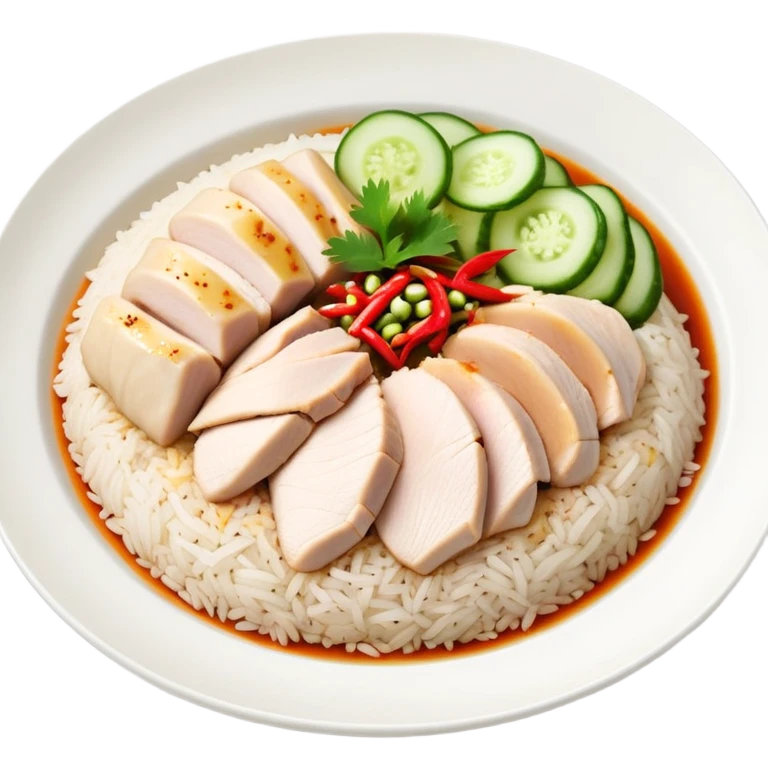 Singapore Hainanese chicken rice with sliced chicken, fragrant rice, cucumber and chili sauce emoji