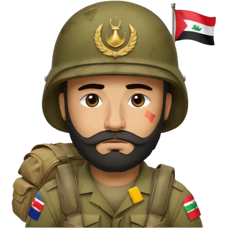 A very tired and sad, swarthy Iraqi soldier with a beard, an Iraqi flag on his helmet, a sad expression and bags under his eyes emoji