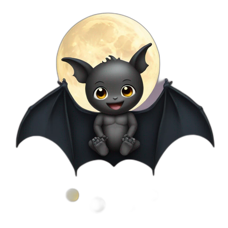 black happy baby bat wings sitting in front of moon holding feet emoji