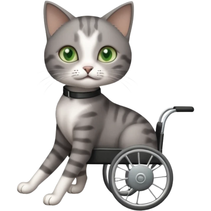 full body small short hair dark grey and white cat with green eyes walking in a wheelchair for cats emoji