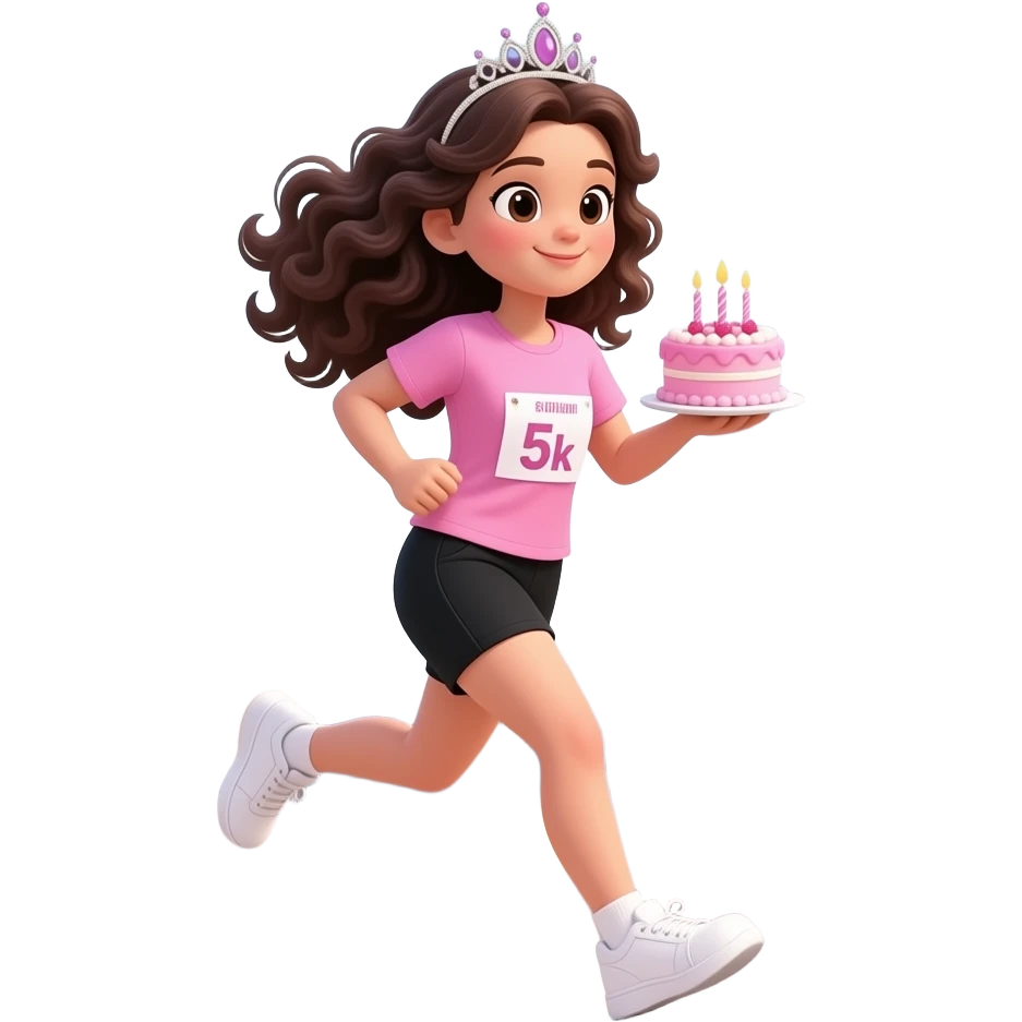 white skin girl with long dark brown curly hair running wearing black shorts, a blank pink tshirt, white sneakers, tiara, and 5k run bib while holding a mini pink birthday cake emoji