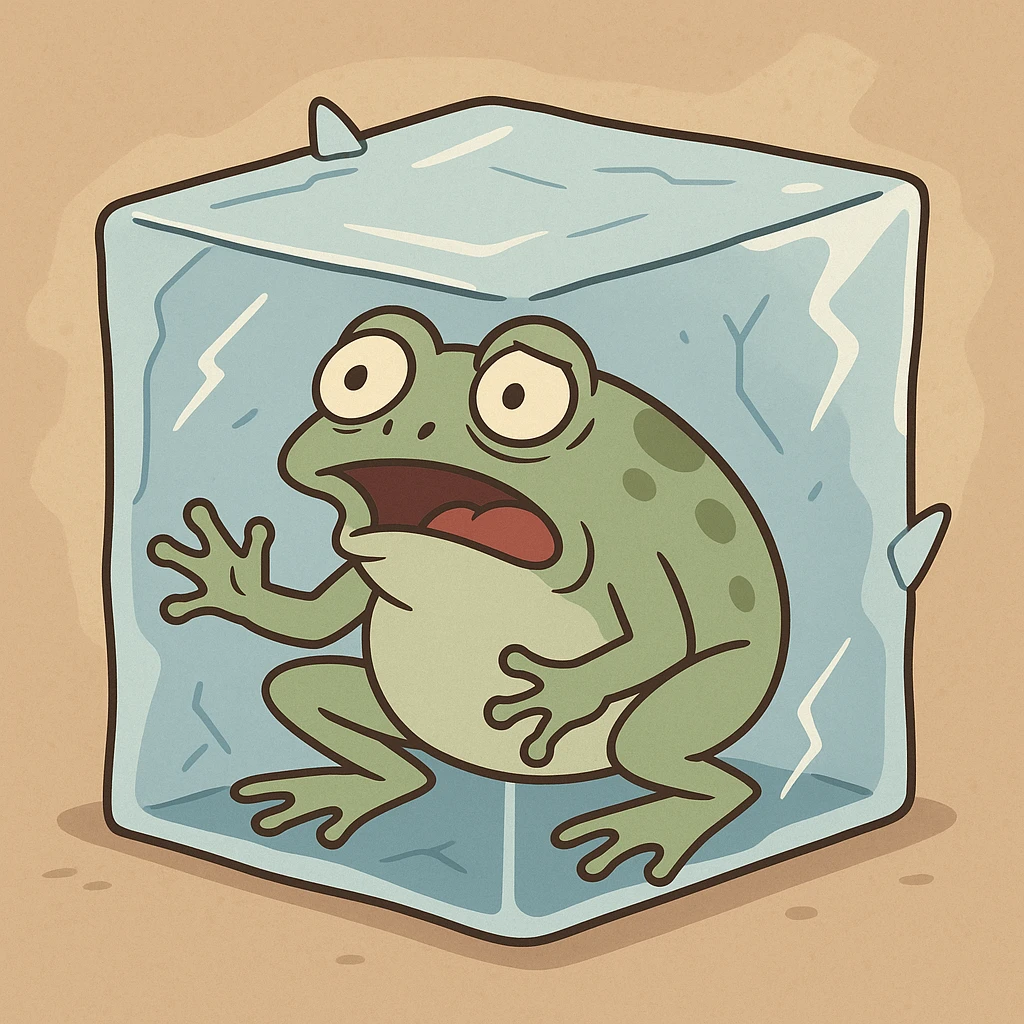 frog frozen in ice, flat toon style emoji