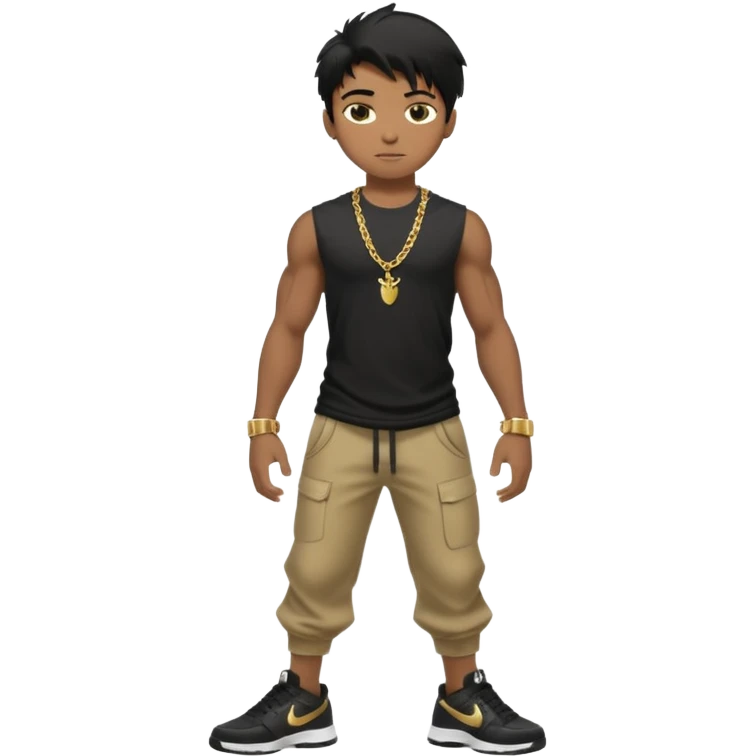full side body view of muscular 13yo boy with veiny hands arms and biceps. has messy black hair with dark-tan skintone with black tshirt. has gold chain and nike shoes with baggy pants emoji