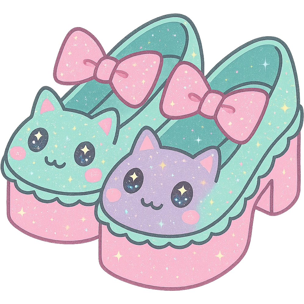 Refine the kawaii BLACKPINK-inspired gothic shoes with a large bow and scalloped edge, featuring pastel colors enhanced with sparkling glitter and subtle neon pink accents for a fun, eye-catching look. No hearts. Transparent background. emoji