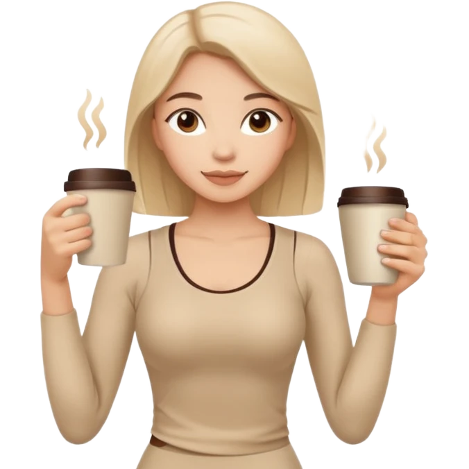 Girl in beige Pilates style holding coffee in her hands emoji