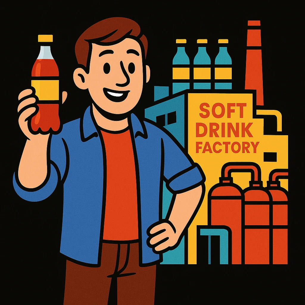 cartoon style illustration of a friendly man in casual clothes, standing in front of his modern soft drink factory, holding a bottle with a random generic label, introducing his drink, vibrant and professional, black background emoji