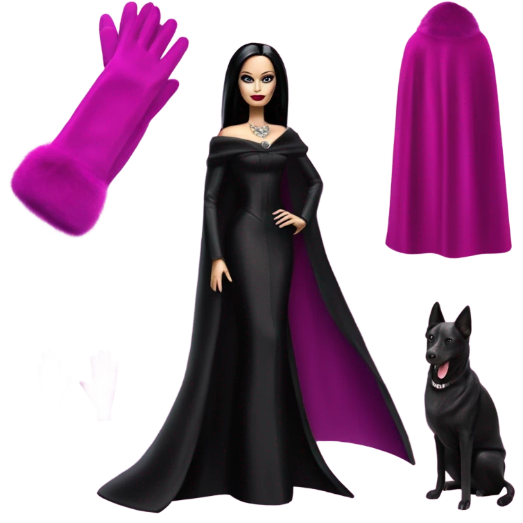 Fucshia ‘n Fur Barbie, Morticia Addams, cape,veil,funeralwear,showing off, show full body,accessories coat gloves  emoji