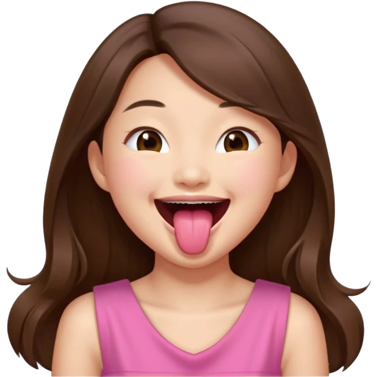asian girl with long brown hair and fair skin wearing pink dress laughing while sticking tongue out emoji