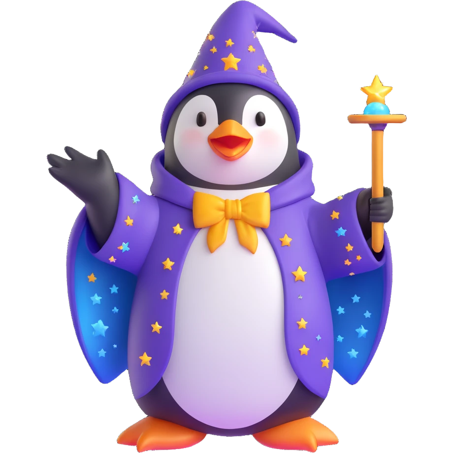 cute penguin wizard casting a spell, with sparkles and a starry robe, 3D emoji style emoji