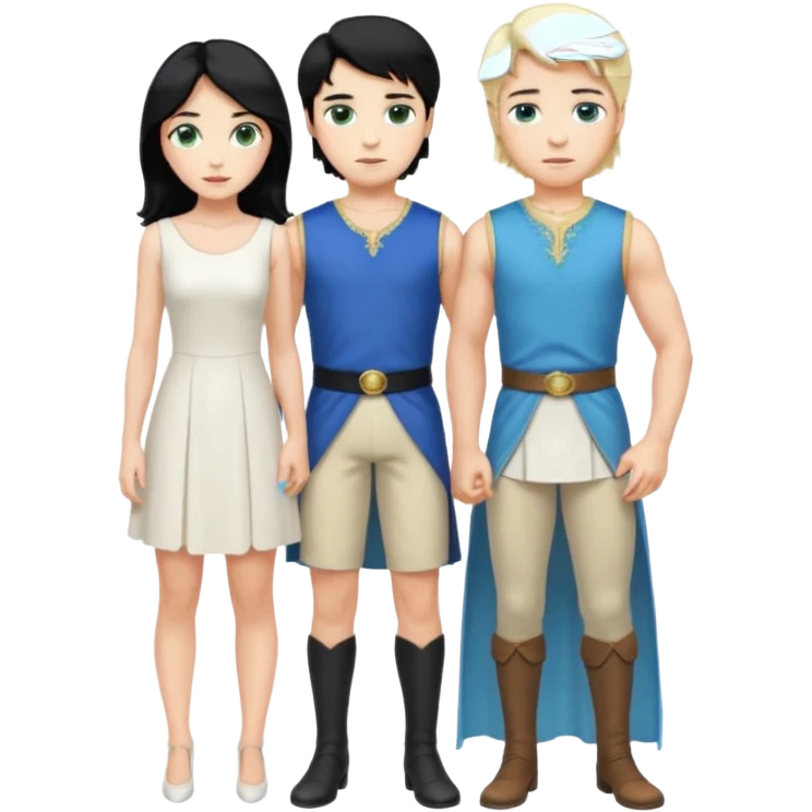 prince, standing upright, black Hair, blue eyes, garment, and woman, bending knee, sleveless white dress, blonde hair, green eyes, emoji