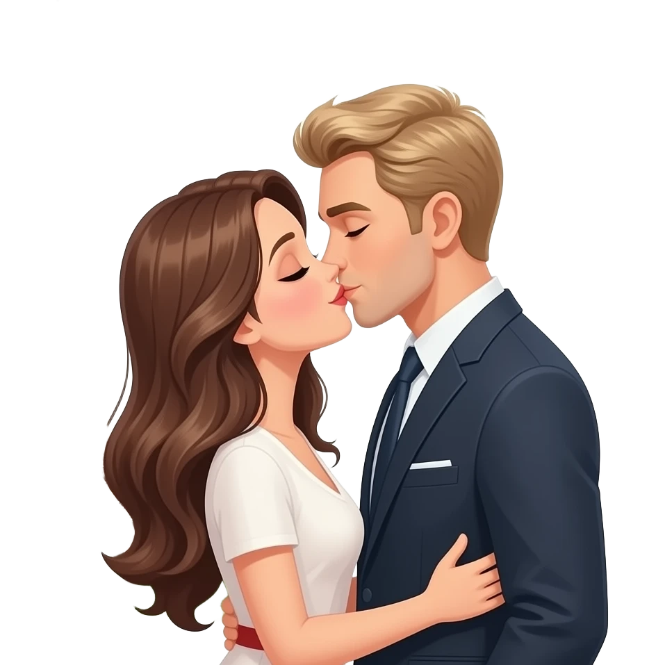 Couple kissing infront of the Eiffel Tower. She has long brown hair and he has blonde short hair. They are elegant emoji