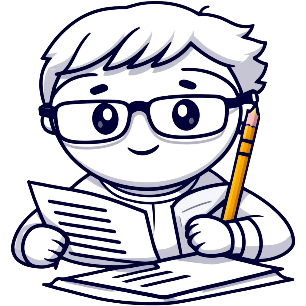 precise pencil character with glasses checking a document as a pedant mascot emoji