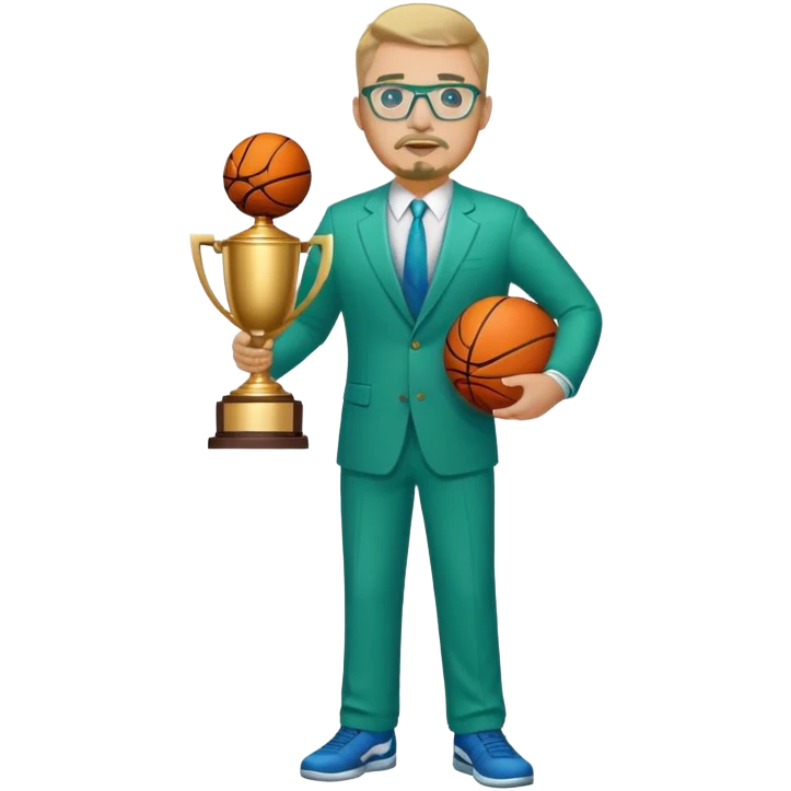 Full Body white fat male  wearing glasses with a goatee with dirty blond very short hair basketball head Coach in blue and green suit holding trophy emoji
