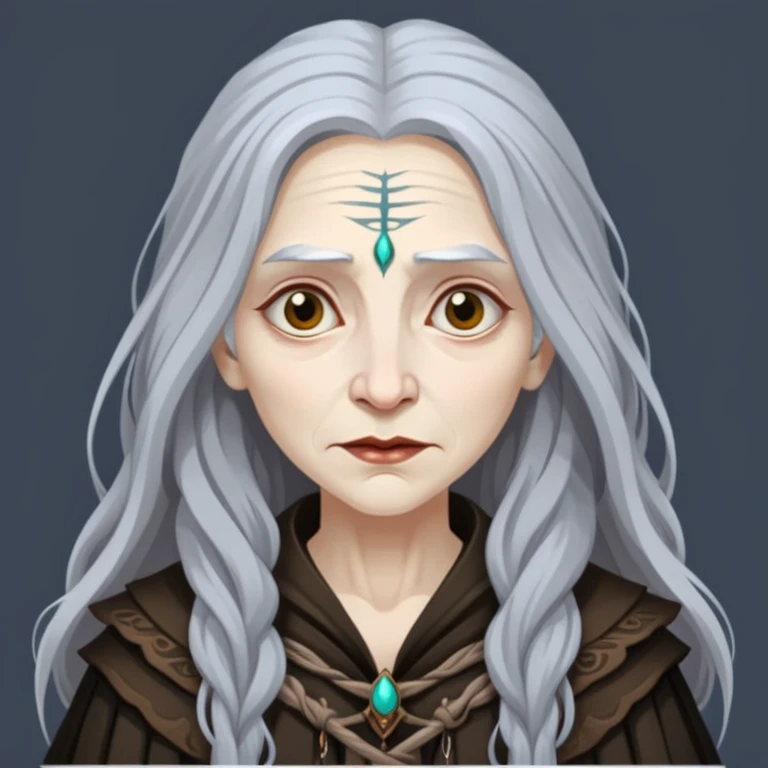 Baba Yaga sorceress woman with long wild hair, forest background emoji