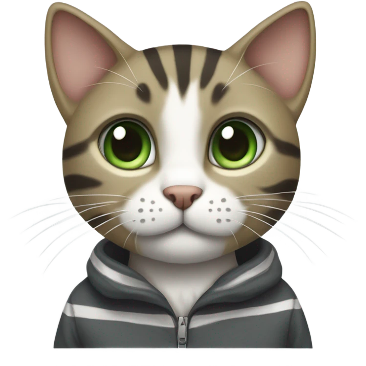 A tabby cat with a white chest and paws, large green eyes, and perked ears. It has a sleek, striped coat with a mix of dark gray and white tones. emoji
