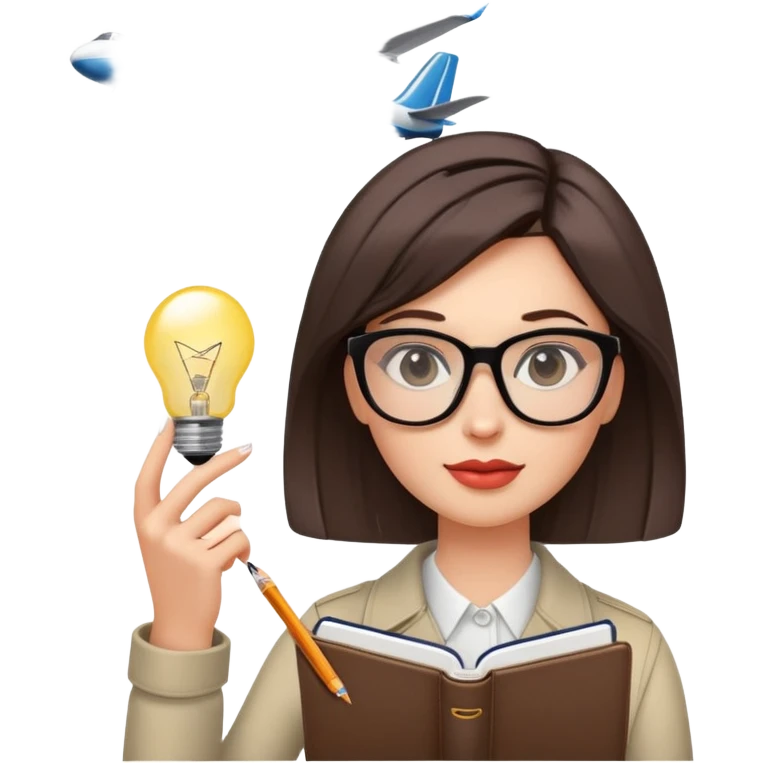 A woman with a sleek hairstyle, stylish glasses, holding a notebook, a lightbulb above her head, an airplane in the background. emoji
