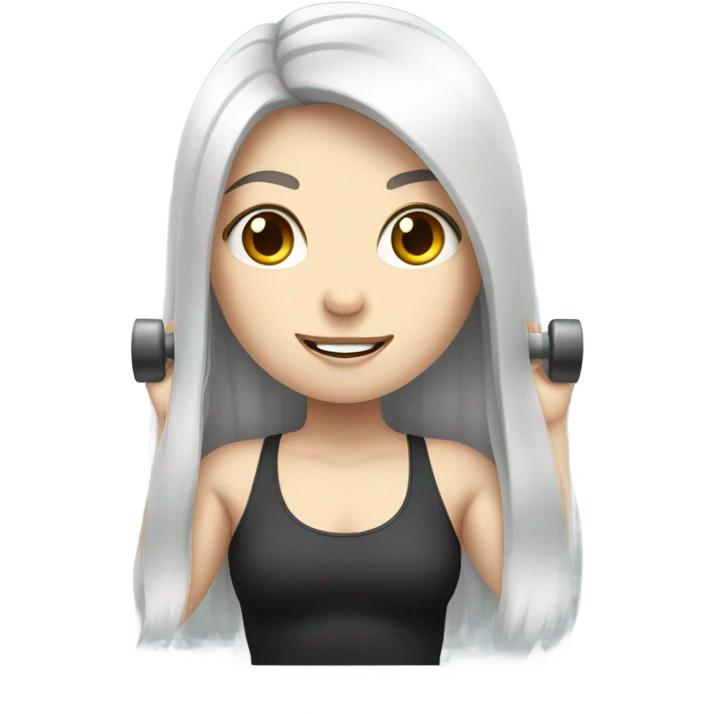 Pale girl with long black hair lifting weights emoji