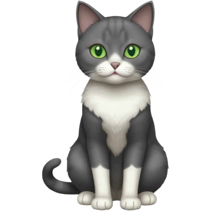 full body view of beautiful female solid dark grey cat with green eyes, white toes/paws and white patch on her chest emoji