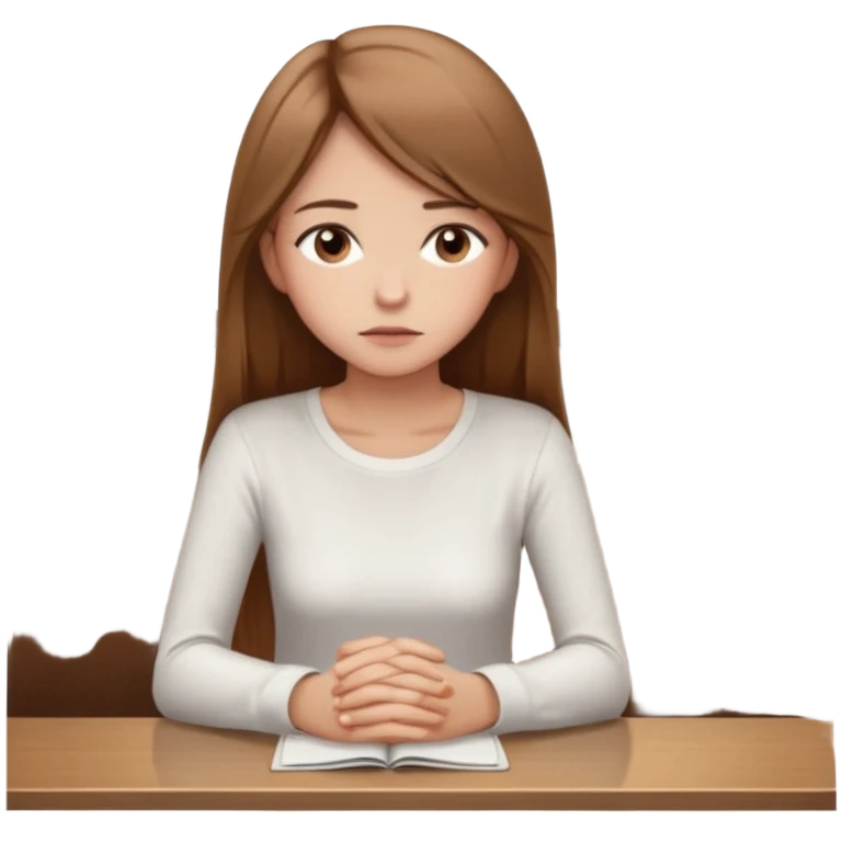 Cartoon emoji of a girl with long, straight light brown hair, fair skin, brown eyes. Wearing a white top and simple pants. Sitting alone at a café table, shoulders slightly hunched, head slightly down, looking unsure and thoughtful emoji