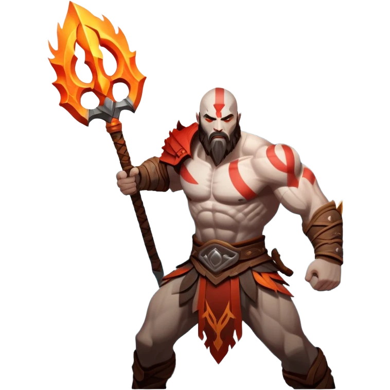 An icon showing a powerful warrior wielding a weapon, inspired by God of War: Ragnarok. The design captures the character’s strength, with dynamic motion lines. A fiery, mythological background with mountains and ruins enhances the epic atmosphere. Transparent background. emoji