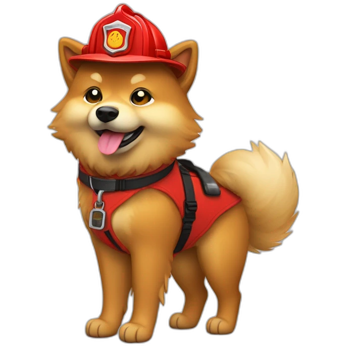 Full body fawn Eurasier happy, Red firefighter hat and red boots tail wagging emoji