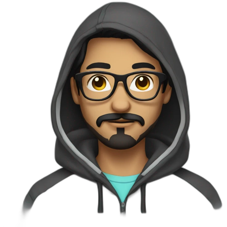 Young man with black hair moustache and beard wearing a hoodie and glasses emoji