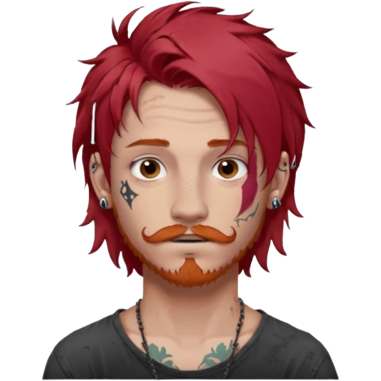 generate an ios genmoji of a 20 year old boy with shoulder length hair messy very messy dyed red hair. ear piercings. a lot of tattoos. and a faint stubble mustache emoji