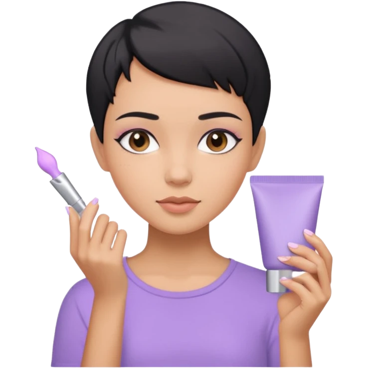 tan girl with pastel purple shirt with black hair & a pixie, doing her skin care emoji