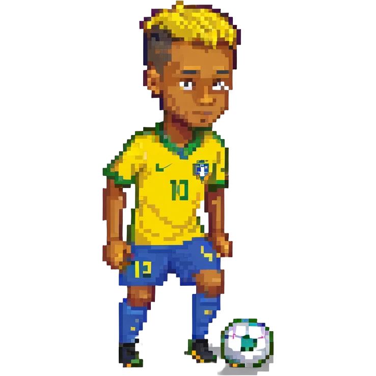 Neymar Jr. in pixel art style, dribbling a soccer ball, wearing Brazil's yellow kit, signature haircut, simple background emoji