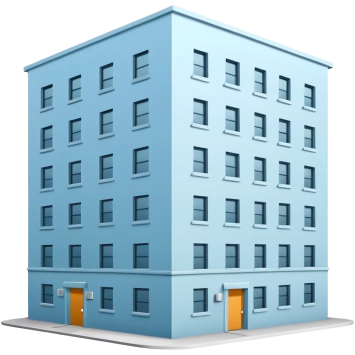 light blue rectangular 9-story apartment building surrounded by fence, closed courtyard, minimal flat vector icon, friendly clean design emoji
